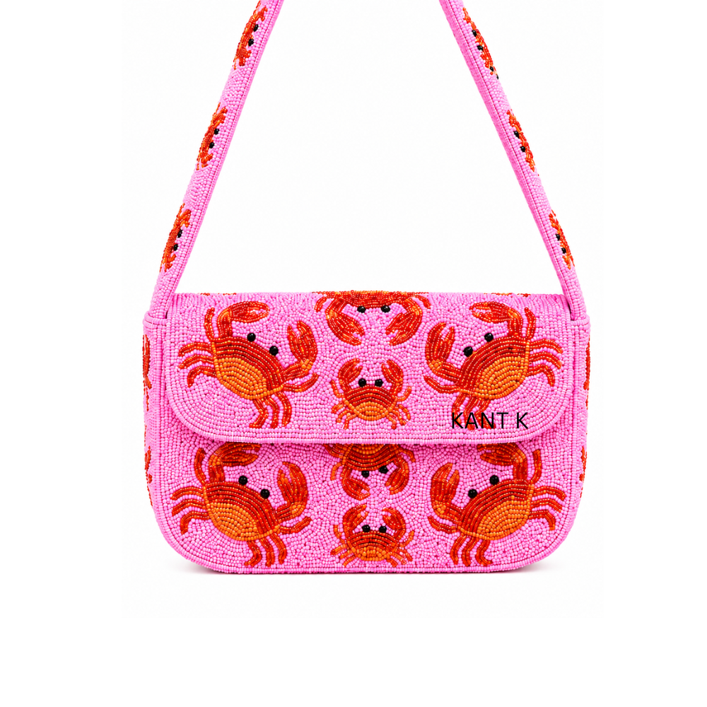 Handcrafted Pink Beaded Shoulder Bag with Vibrant Red Crab Pattern