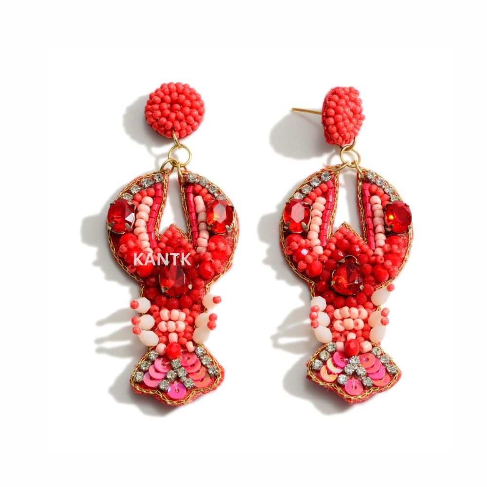 Mardi Gras Seed Bead Lobster Drop Earrings