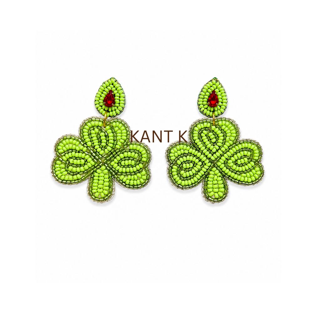 St. Patrick’s Day Green Clover Shamrock Beaded Drop Dangle Earrings