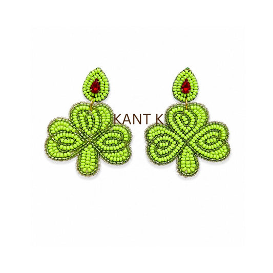 St. Patrick’s Day Green Clover Shamrock Beaded Drop Dangle Earrings