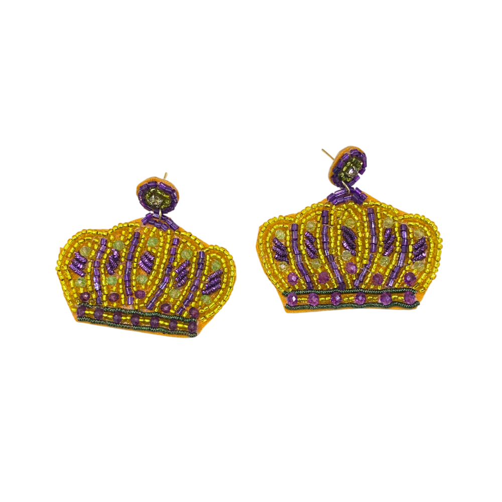 Handmade Mardi Gras Crown Drop Earrings Purple, Green & Gold Seed Beads