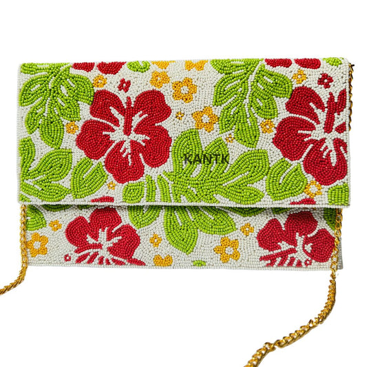 Hand Beaded Hibiscus Clutch with Chain Strap