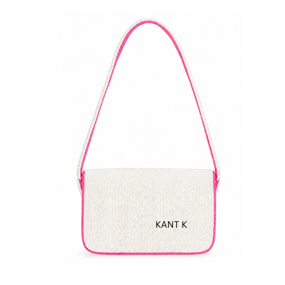 Handcrafted Pink Beaded Shoulder Bag with Vibrant Red Crab Pattern