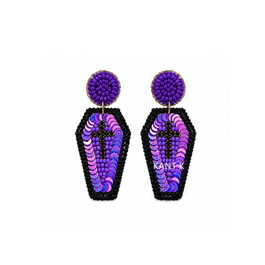 Purple Sequined Coffin Beaded Statement Earrings