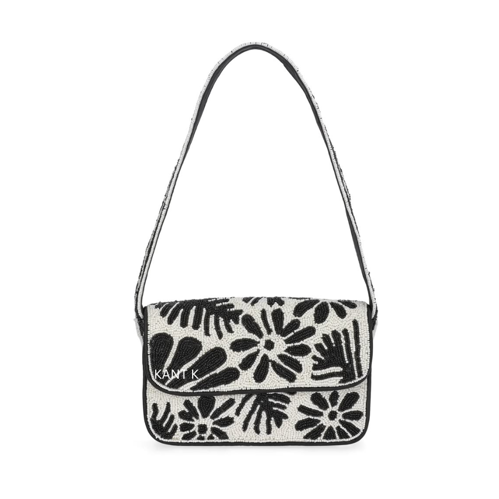 Floral Black & White Hand-Beaded Shoulder Bag