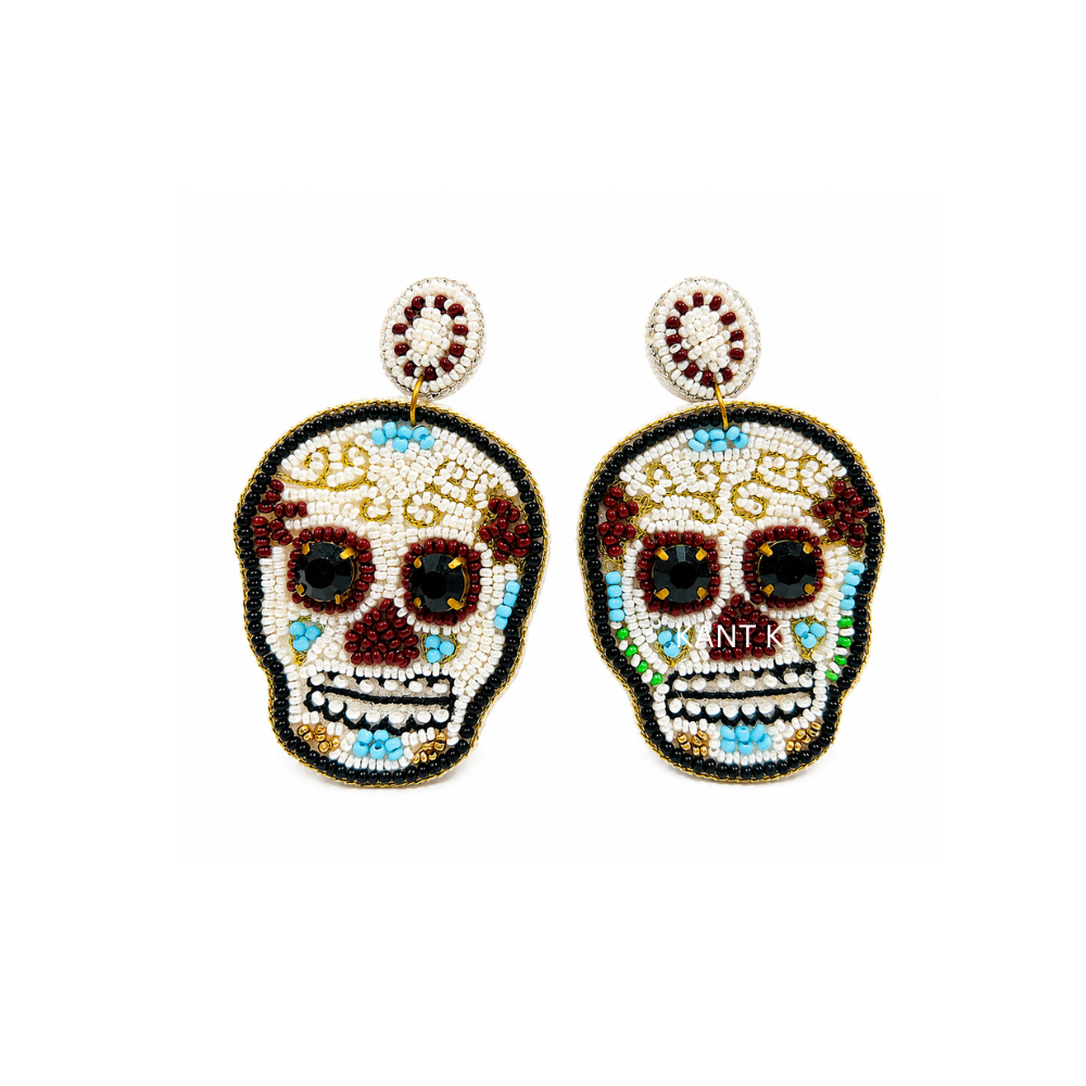 Handmade White Sugar Skull Beaded Dangle Earrings