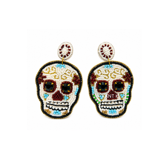 Handmade White Sugar Skull Beaded Dangle Earrings