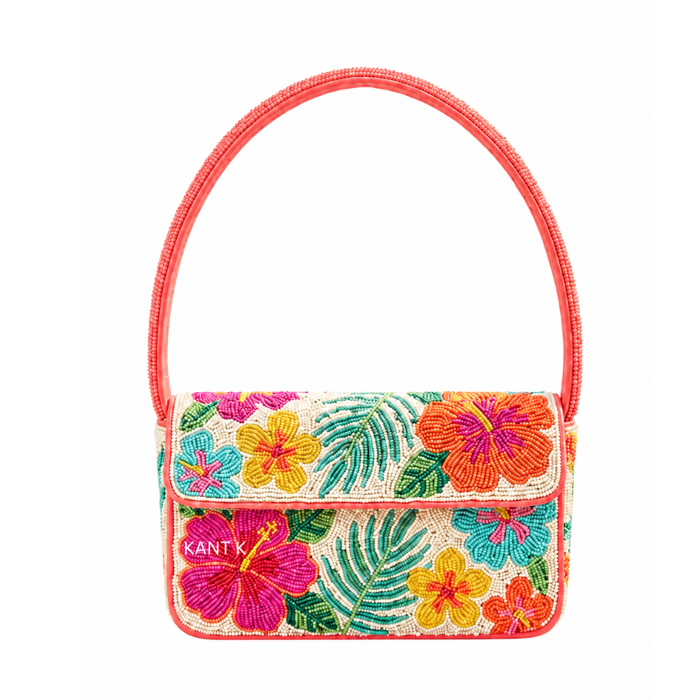 Orange Floral Beaded Shoulder Bag