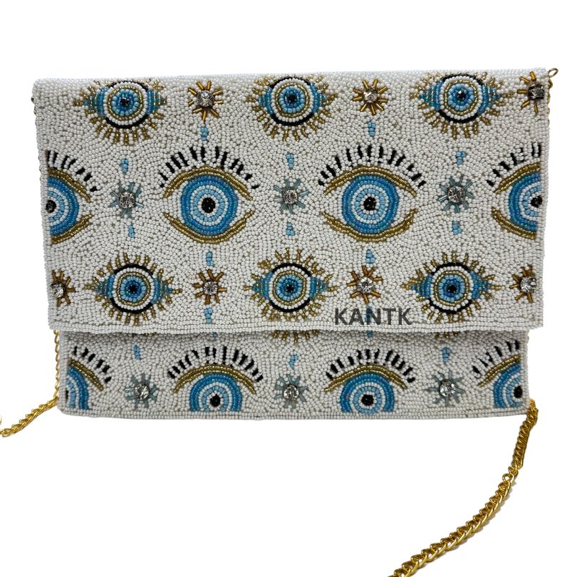 White Beaded Clutch with Blue Evil Eyes and Gold Chain