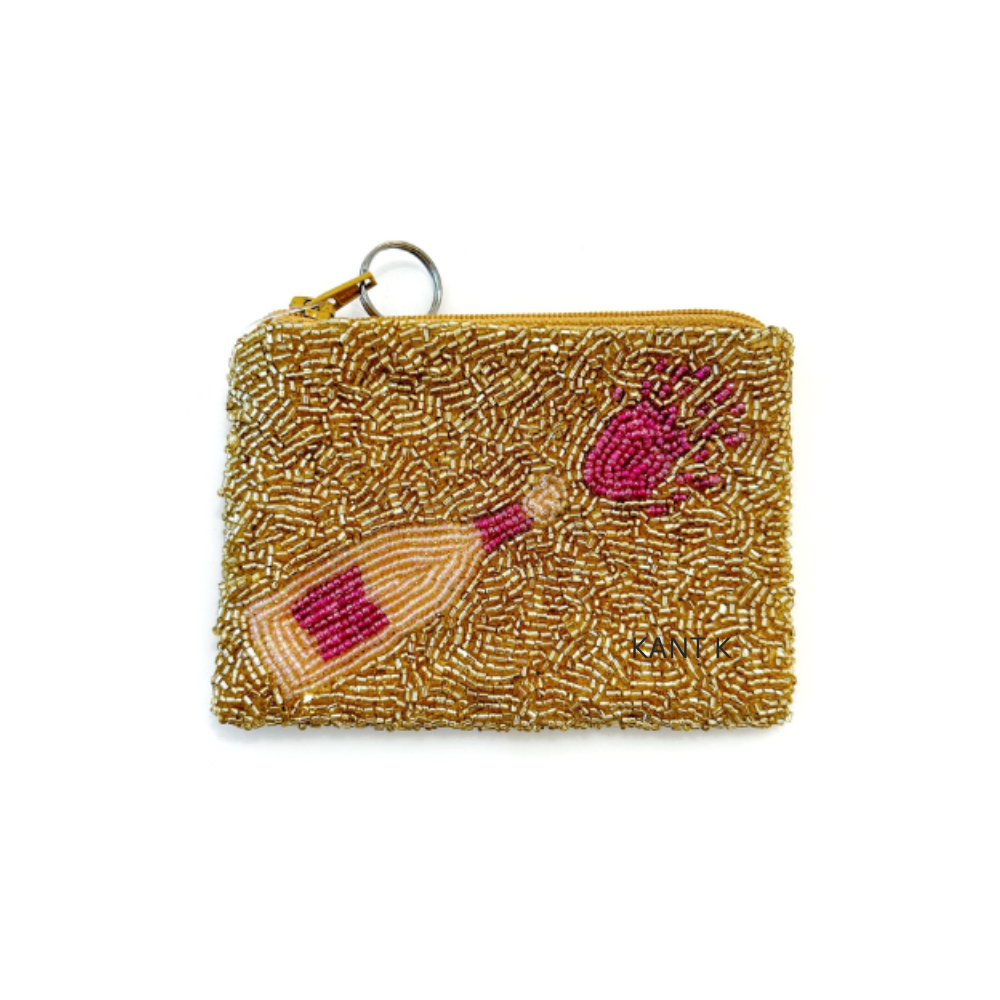 Gold and Pink Champagne Bottle Seed Beaded Coin Purse