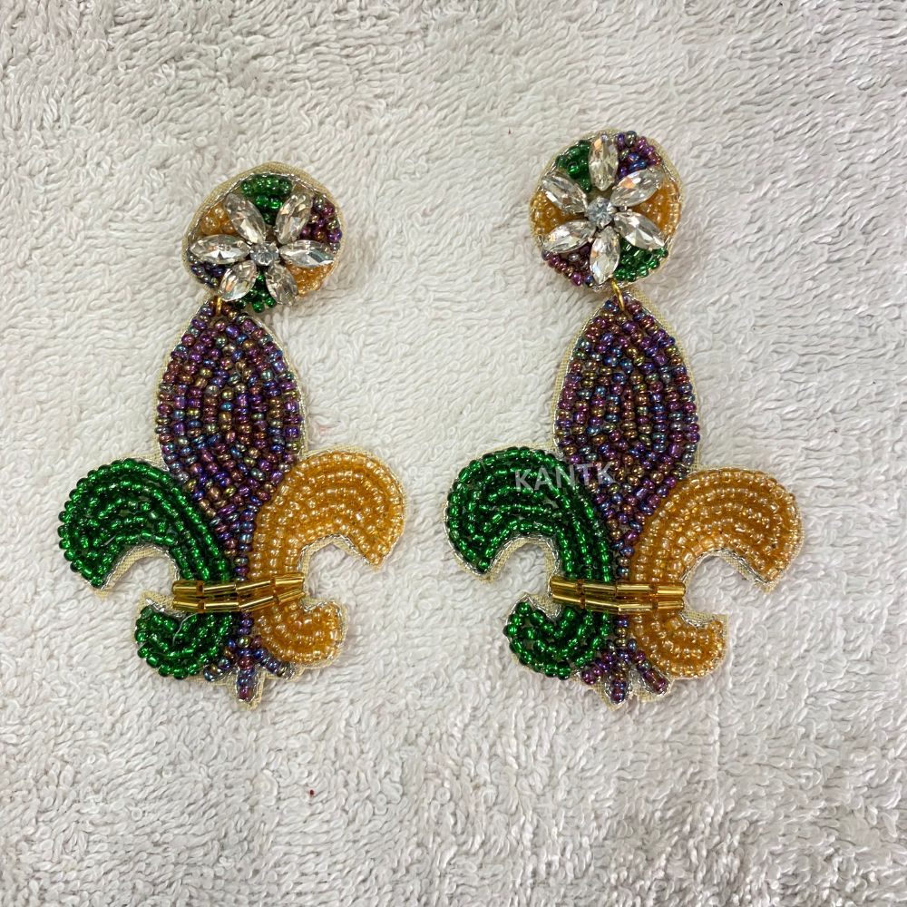 Mardi Gras Fleur De Lis Beaded Earrings Festive Handmade Jewelry for Celebrations