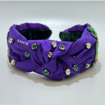 Mardi Gras Beaded Headband Handmade Purple Embellished Accessory with Rhinestones and Beaded Umbrella Design