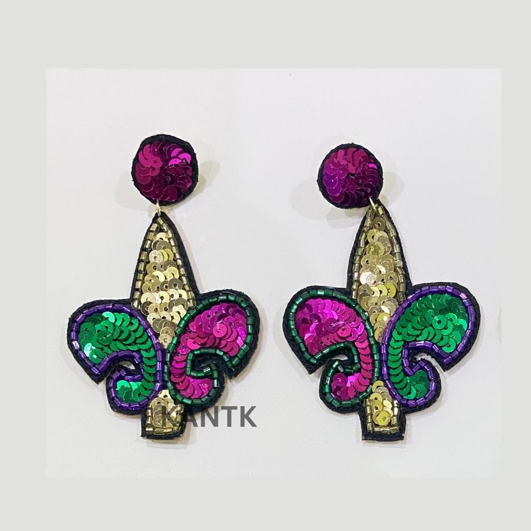 Mardi Gras Fleur De Lis Sequin Earrings Festive Handmade Jewelry