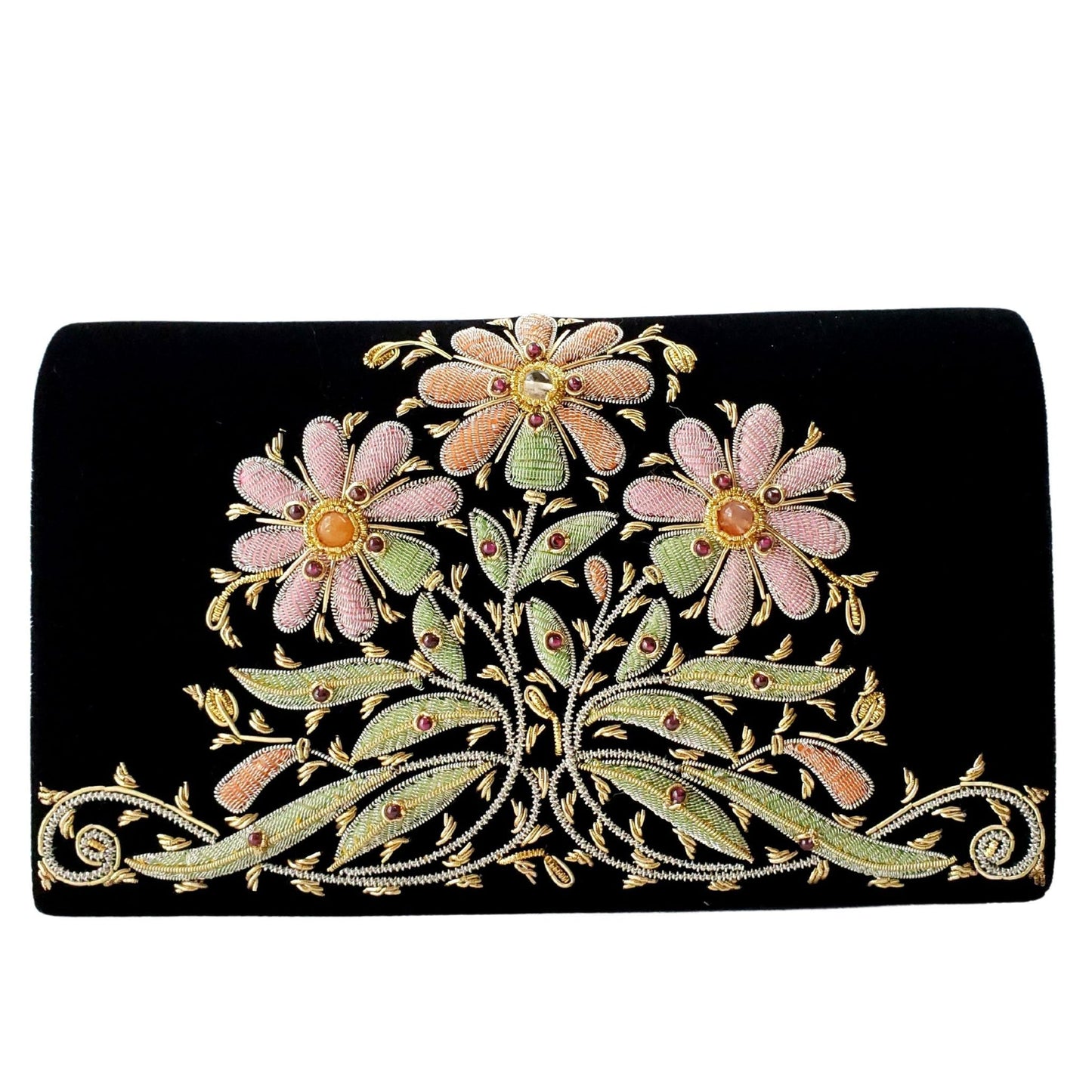 Embroidered 3 Daisy Flower Clutch with Removable Chain Strap