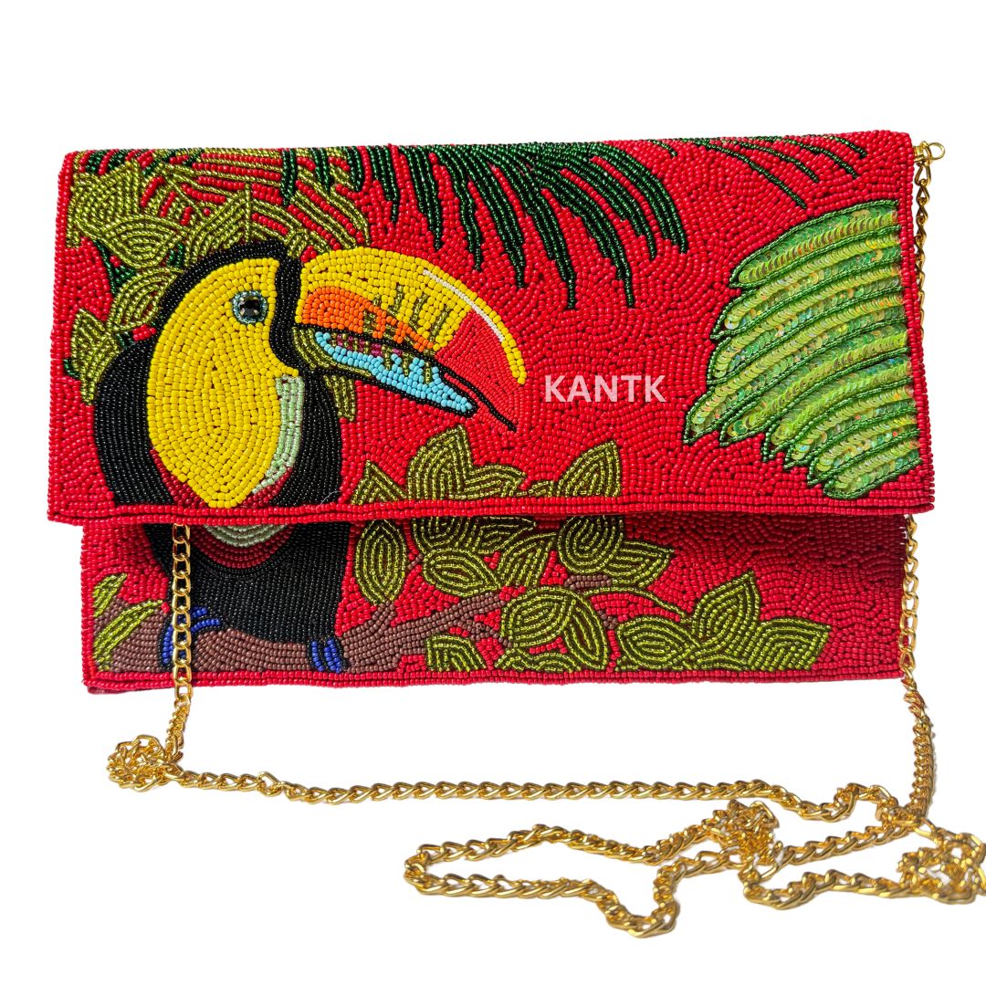 Handmade Tropical Toucan Beaded Clutch