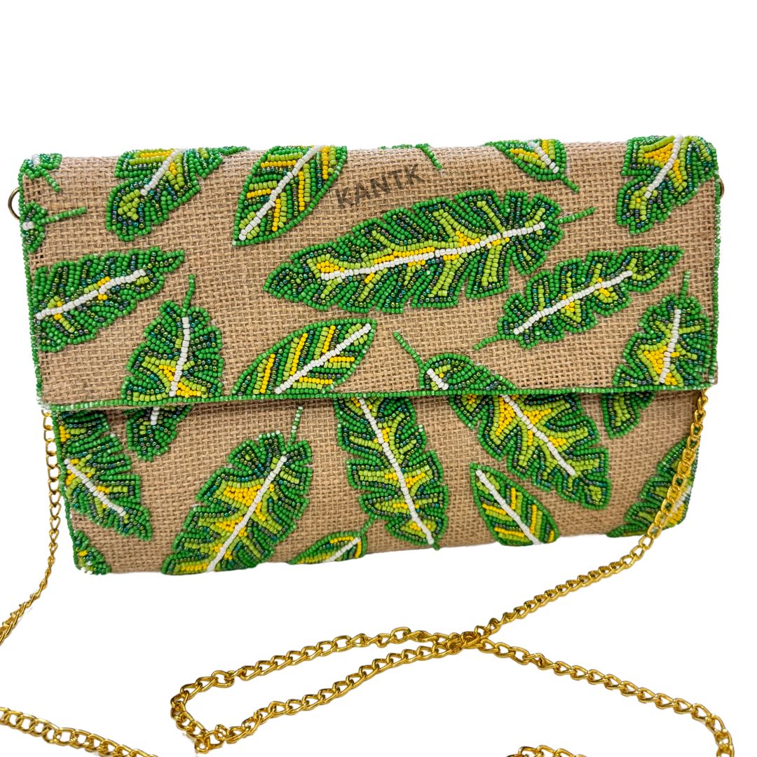 Handmade Green & Yellow Jute Beaded Leaf Clutch