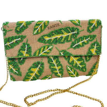 Handmade Green & Yellow Jute Beaded Leaf Clutch