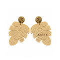 Handcrafted Cream Beaded Monstera Palm Leaf Statement Drop Earrings