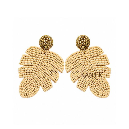 Handcrafted Cream Beaded Monstera Palm Leaf Statement Drop Earrings
