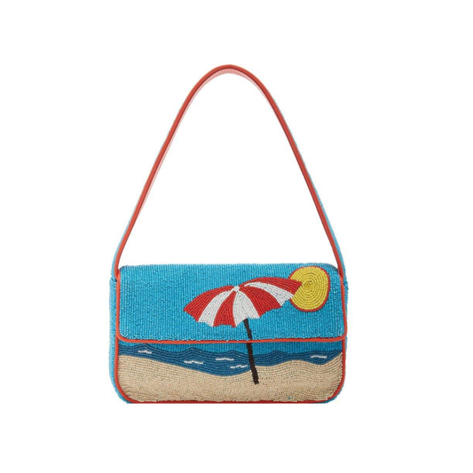 Handcrafted Beaded Bag Featuring a Vibrant Multicolored Umbrella & Beach Scene