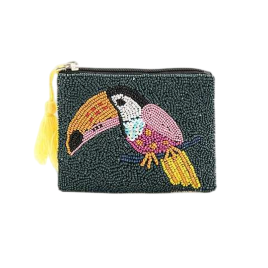 Handmade Beaded Bird Coin Purse Colorful Zip Pouch for Coins