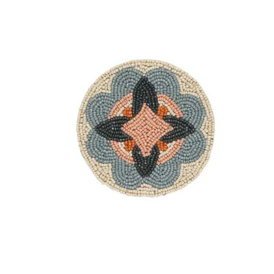 Set of 4 Handmade Round Floral Beaded Drink Coasters Decorative Table Coasters