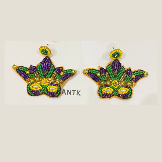 Mardi Gras Mask Beaded Dangle Earrings Festive Handmade Jewelry