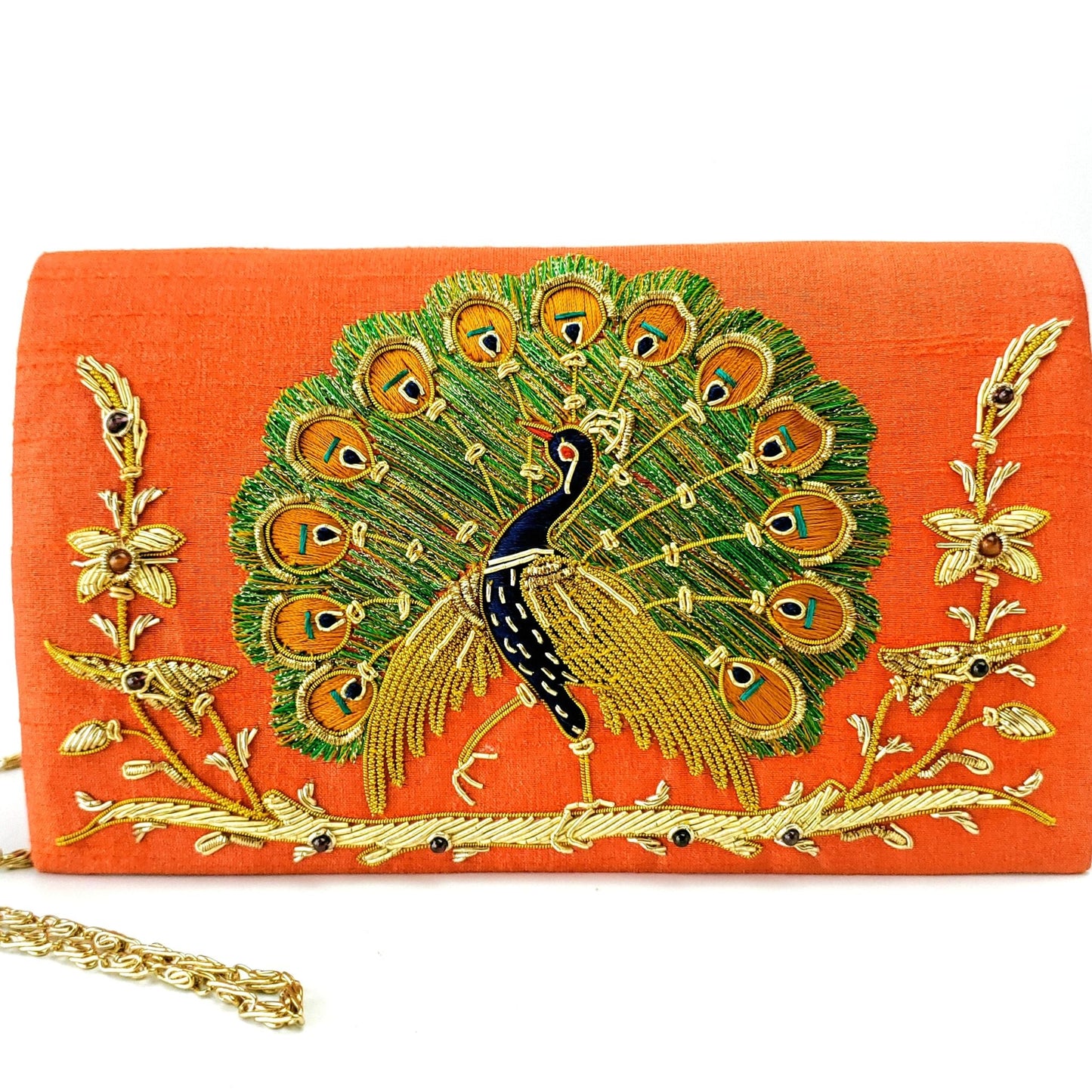 Embroidered Peacock Velvet Evening Bag with Removable Chain Strap