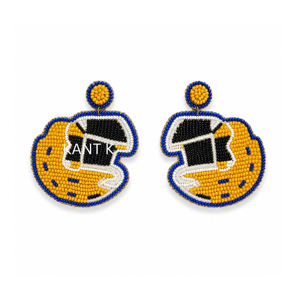 Blue and Yellow Helmet Beaded Earrings