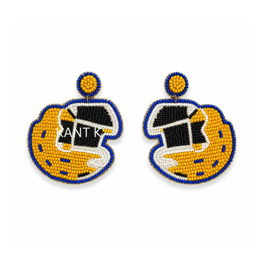 Blue and Yellow Helmet Beaded Earrings