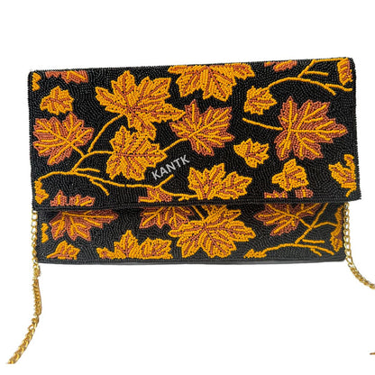 Handmade Black & Yellow Beaded Maple Leaf Clutch