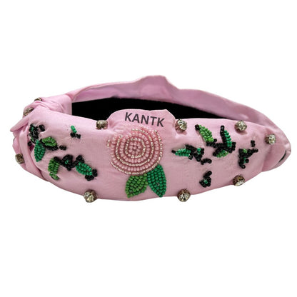 Pink Beaded Floral Headband for Women