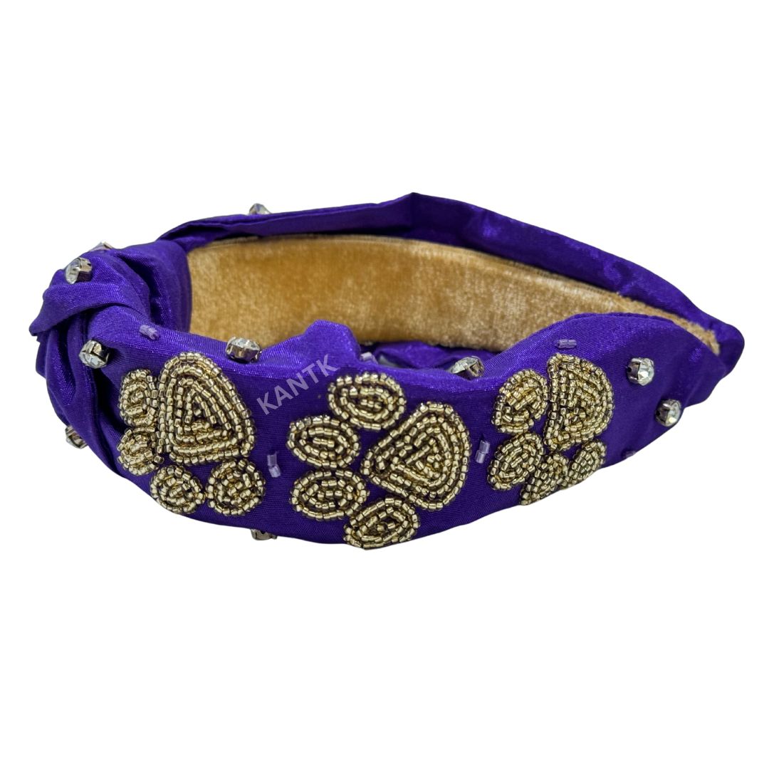 Purple Fabric Headband with Gold Beaded Paw Print Design