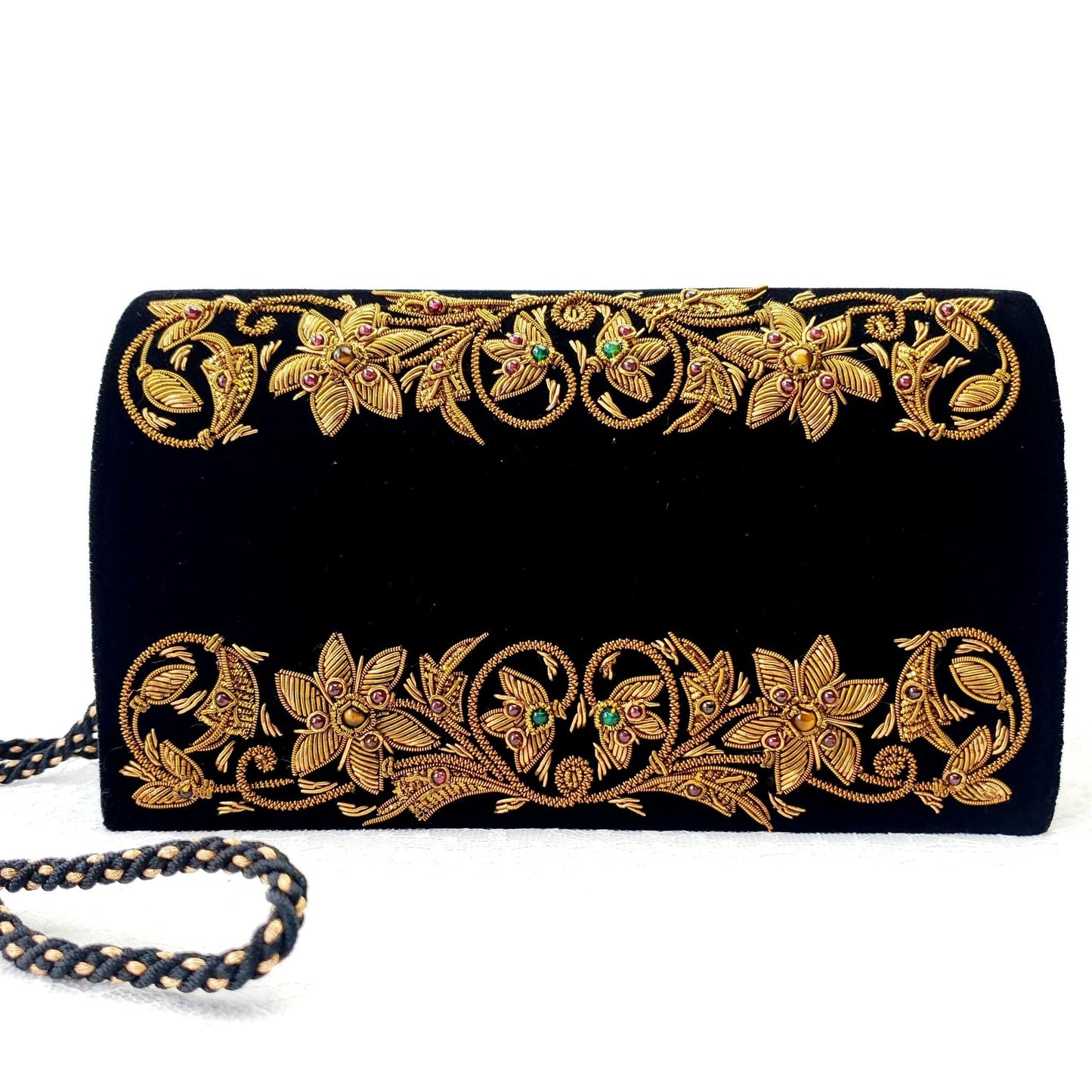 Embroidered Floral Black Velvet Clutch with Removable Chain Strap