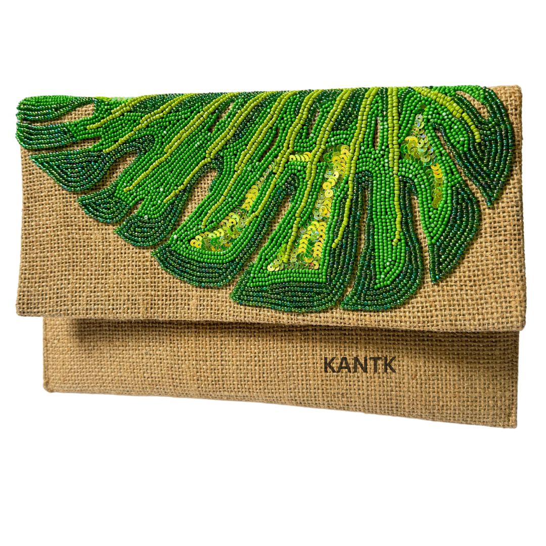 Beaded & Jute Clutch with Monstera Leaf Design