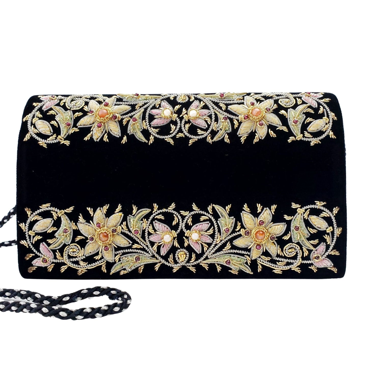 Embroidered Floral Black Velvet Clutch with Removable Chain Strap