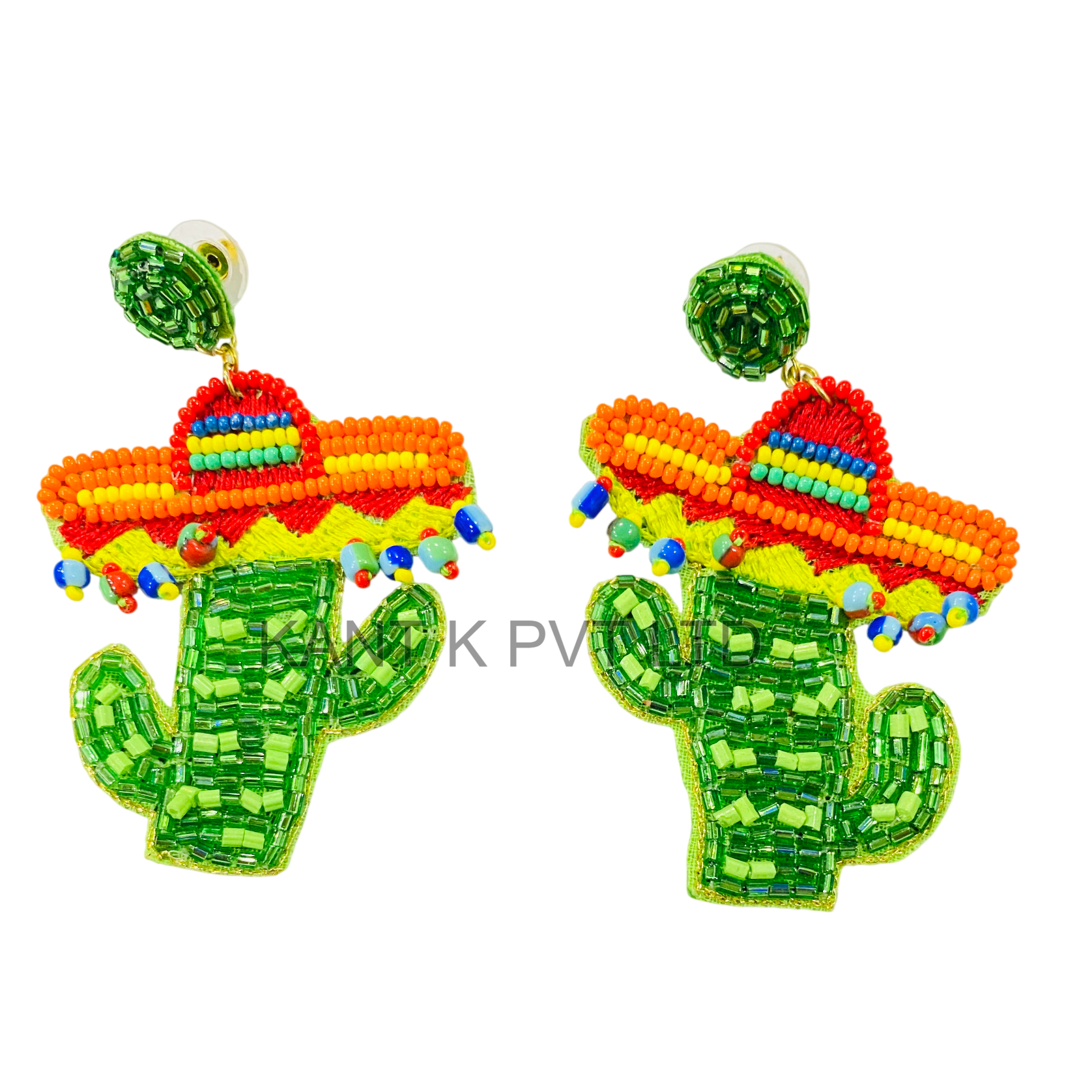 Handmade Fiesta Green Cactus Beaded Earrings Boho western Earrings