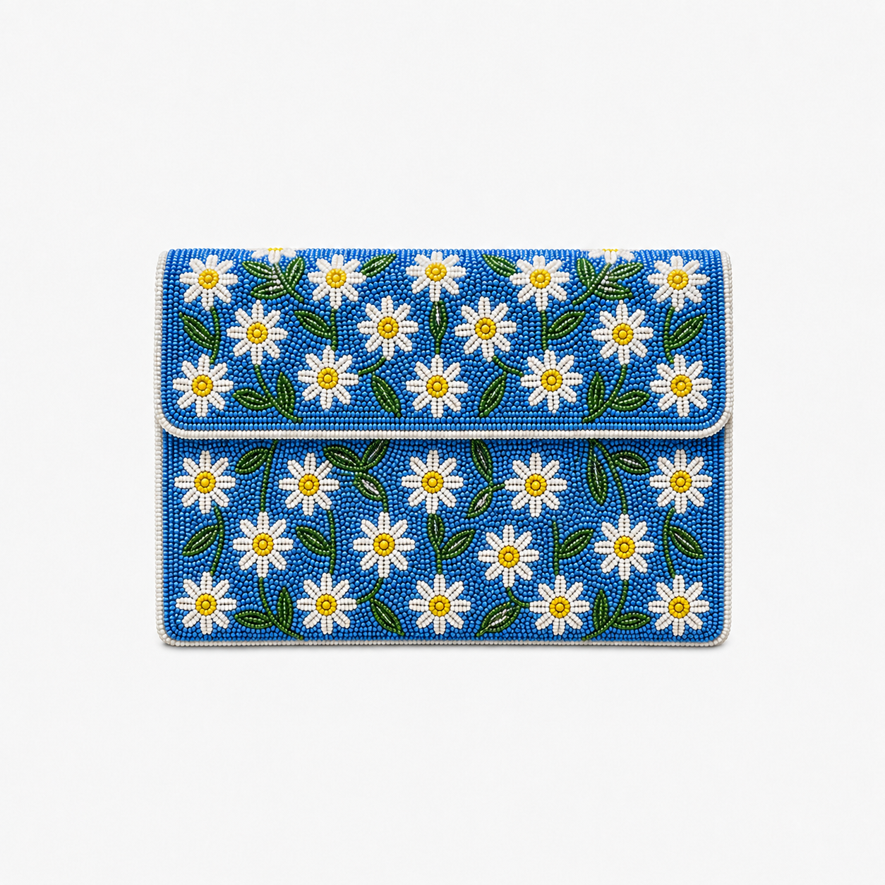 Hand-Beaded Daisy Clutch, Vibrant Blue Floral Statement Handbag