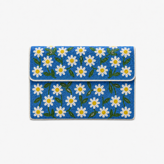 Hand-Beaded Daisy Clutch, Vibrant Blue Floral Statement Handbag