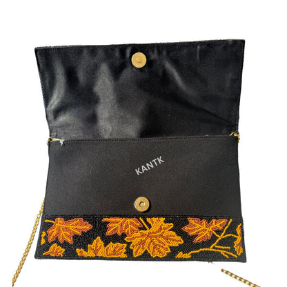 Handmade Black & Yellow Beaded Maple Leaf Clutch