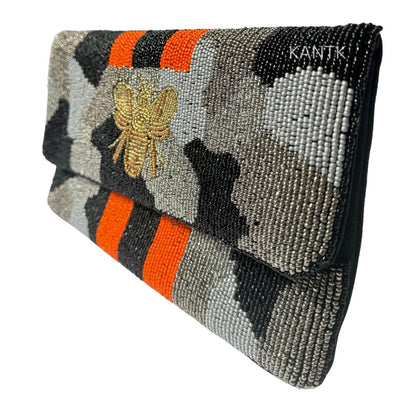 Handmade Beaded Clutch with Bee & Stripes