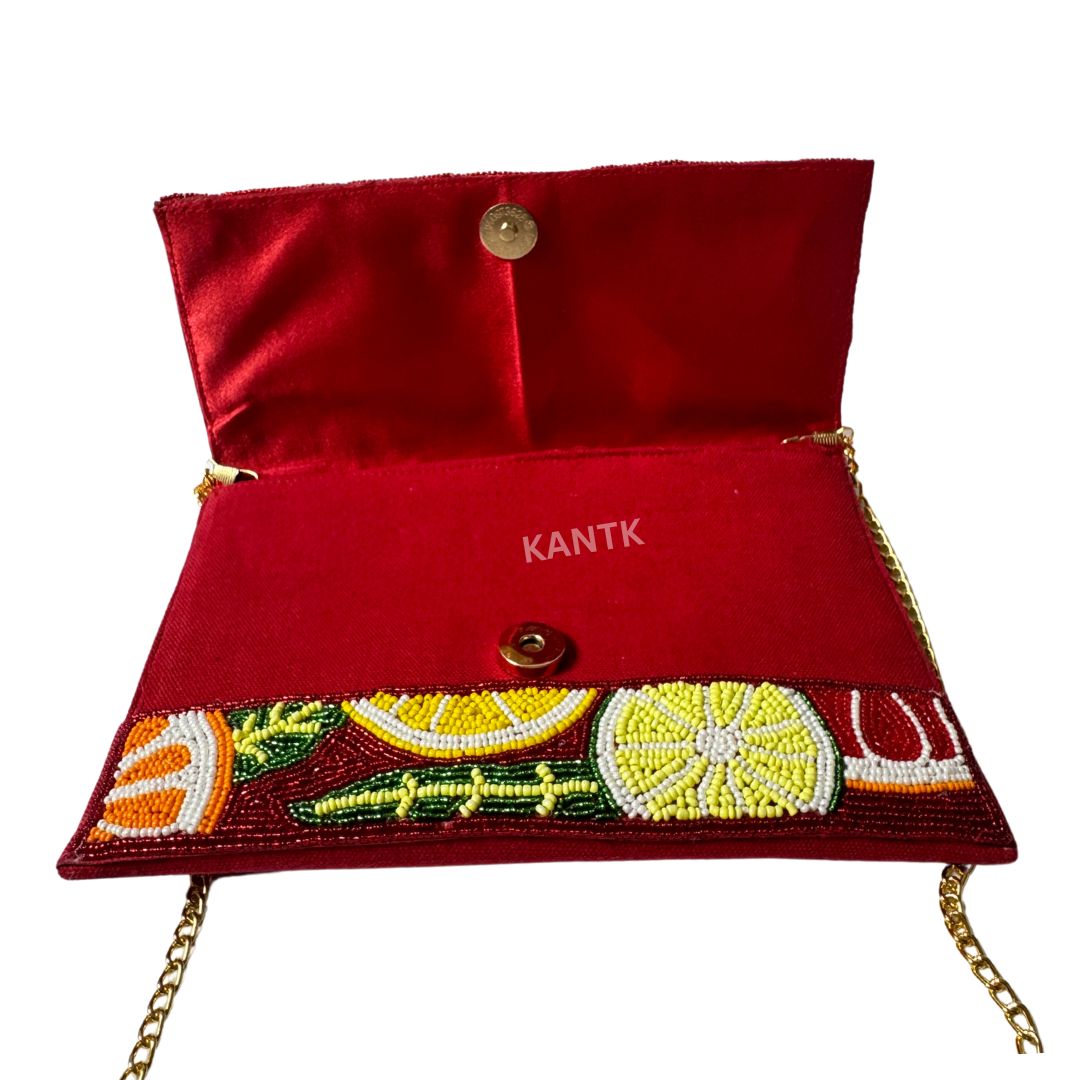 Red, Orange & Yellow Beaded Clutch Citrus Fruit Design with Gold Chain