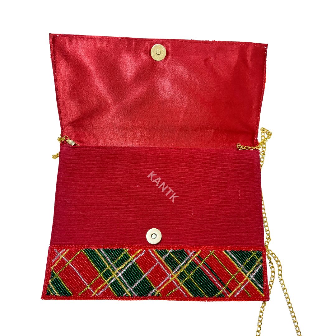 Red, Green, and Gold Beaded Plaid Flap Bag with Chain Strap