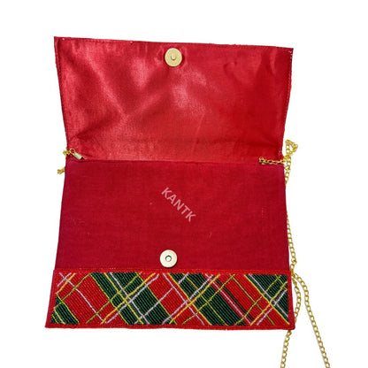 Red, Green, and Gold Beaded Plaid Flap Bag with Chain Strap