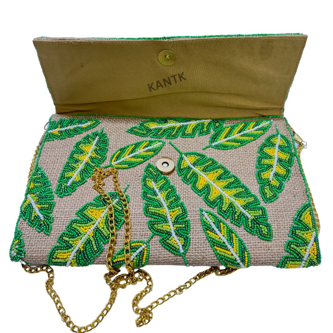 Handmade Green & Yellow Jute Beaded Leaf Clutch