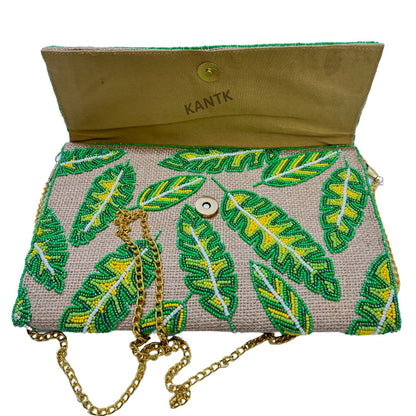 Handmade Green & Yellow Jute Beaded Leaf Clutch