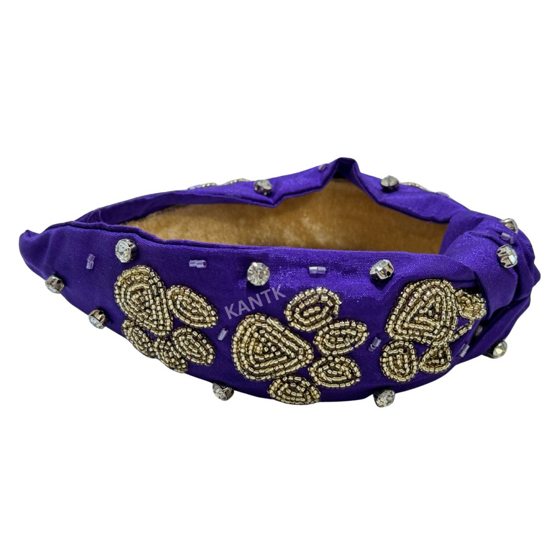 Purple Fabric Headband with Gold Beaded Paw Print Design