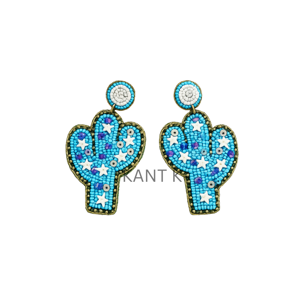 Blue Seed Bead Cactus Statement Earrings
