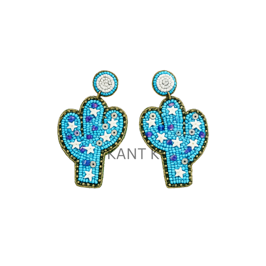 Blue Seed Bead Cactus Statement Earrings