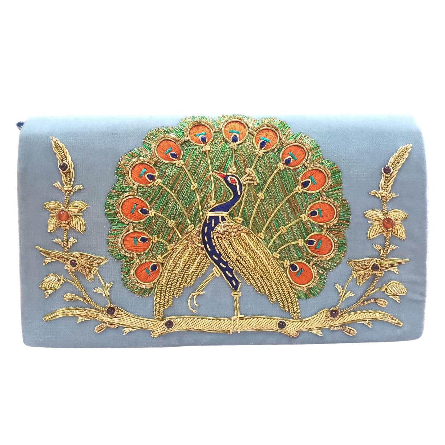 Embroidered Peacock Velvet Evening Bag with Removable Chain Strap